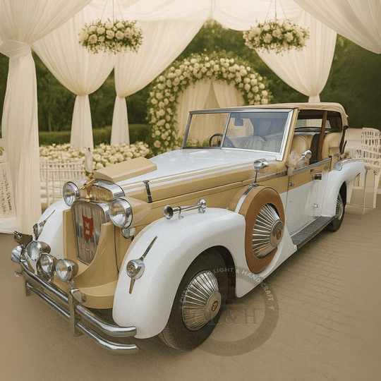 Golden royal wedding vintage car with classic design for bridal entry.